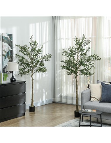 HOMCOM Set of 2 6ft/ 180cm Decorative Artificial Plant, Silk Olive Tree with 900 Leaves and 40 Olive Fruits in Pot, Fake Plant f
