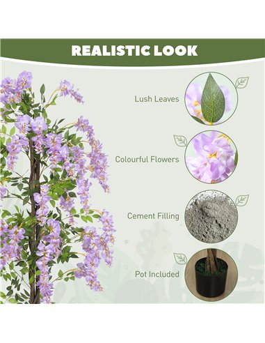 HOMCOM Artificial Wisteria Flower, Tall Fake Plant with 756 Leaves and 54 Flowers in Pot, Decorative Artificial Plant for Home I