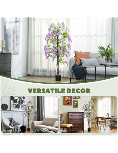 HOMCOM Artificial Wisteria Flower, Tall Fake Plant with 756 Leaves and 54 Flowers in Pot, Decorative Artificial Plant for Home I