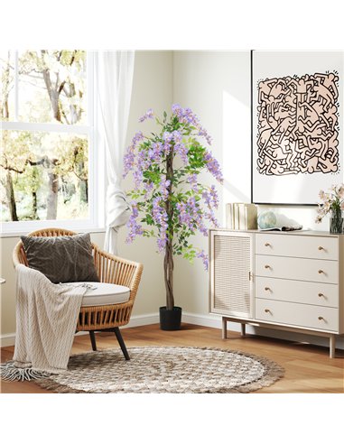 HOMCOM Artificial Wisteria Flower, Tall Fake Plant with 756 Leaves and 54 Flowers in Pot, Decorative Artificial Plant for Home I