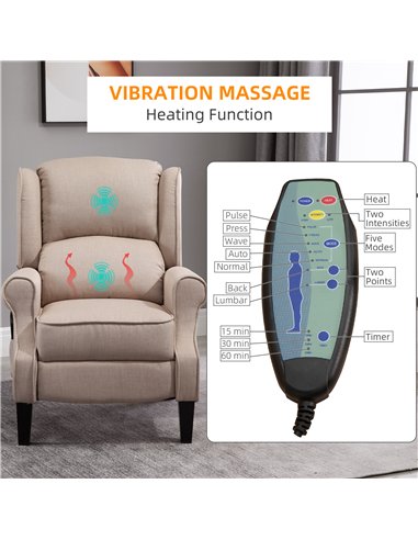 HOMCOM Heated Massage Reclining Armchair Thick Sponge Padded Linen Upholstery Metal Wood Frame Home Luxury Relaxation Beige