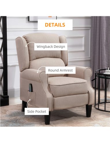 HOMCOM Heated Massage Reclining Armchair Thick Sponge Padded Linen Upholstery Metal Wood Frame Home Luxury Relaxation Beige