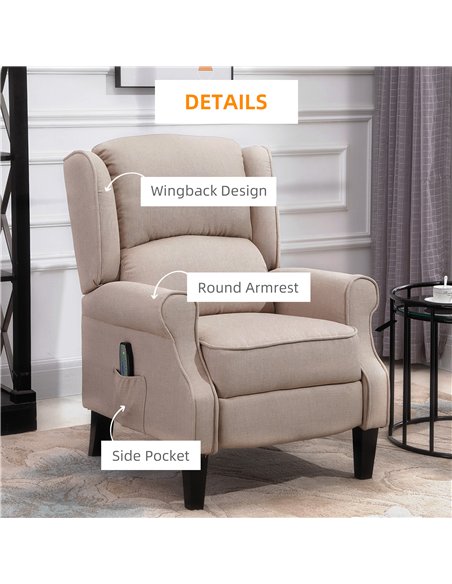HOMCOM Heated Massage Reclining Armchair Thick Sponge Padded Linen Upholstery Metal Wood Frame Home Luxury Relaxation Beige - pic 160884 | FastDaddyshop