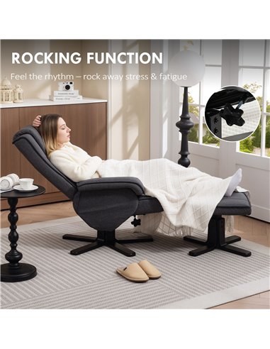 HOMCOM Rocker Swivel Recliner Chair with Footstool - Charcoal Grey Linen