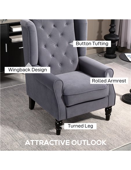 HOMCOM Wingback Accent Chair, Retro Upholstered Button Tufted Occasional Chair for Living Room and Bedroom, Charcoal Grey - pic 160935 | FastDaddyshop
