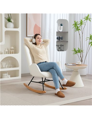 HOMCOM Rocking Chair, Modern Upholstered Velvet Armchair with Solid Wood Legs and Metal Frame for Living Room, Bedroom, Cream
