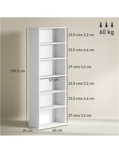 HOMCOM Six Shelf Bookcase - White