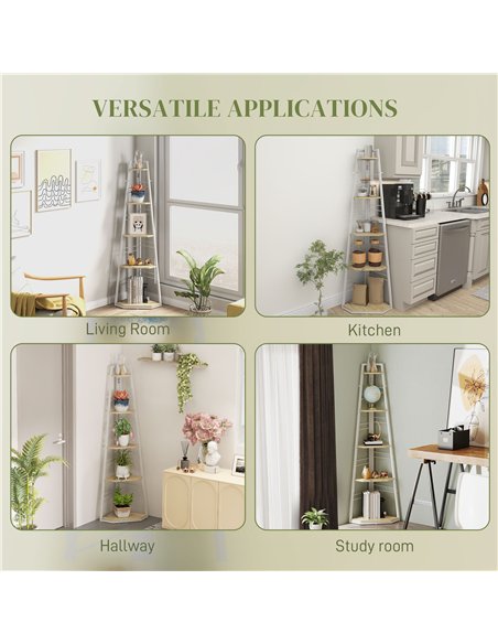 HOMCOM Five-Tier Corner Shelf - White/Wood-Effect - pic 161117 | FastDaddyshop