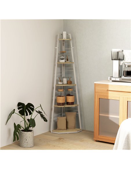 HOMCOM Five-Tier Corner Shelf - White/Wood-Effect - pic 161119 | FastDaddyshop