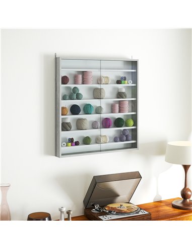 HOMCOM Six Shelf Display Cabinet, with Glass Doors - Graphite Wood Effect