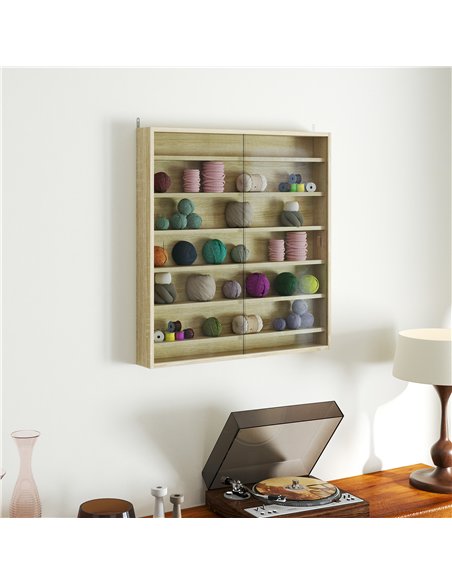 HOMCOM Six Shelf Display Cabinet, with Glass Doors - Oak - pic 161140 | FastDaddyshop
