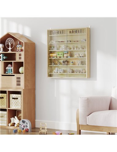 HOMCOM Six Shelf Display Cabinet, with Glass Doors - Oak
