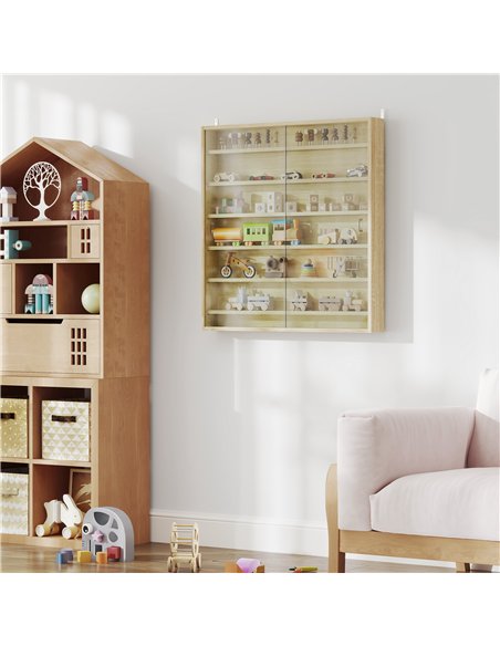 HOMCOM Six Shelf Display Cabinet, with Glass Doors - Oak - pic 161147 | FastDaddyshop