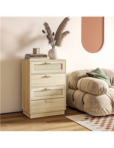 HOMCOM Chest of Four Rattan Weave Panel Drawers - Wood-Effect