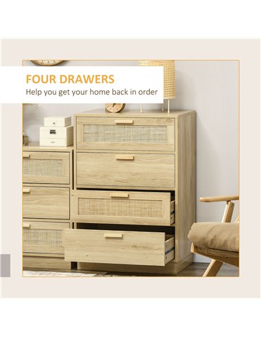 HOMCOM Chest of Four Rattan Weave Panel Drawers - Wood-Effect