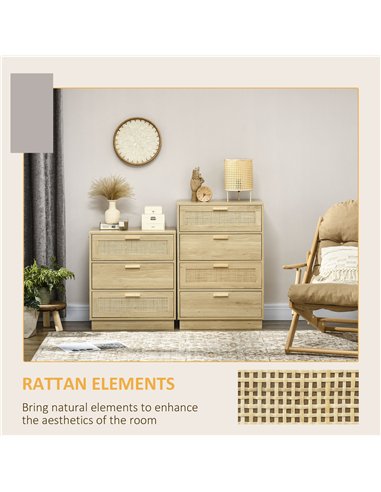HOMCOM Chest of Four Rattan Weave Panel Drawers - Wood-Effect