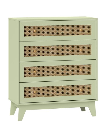 HOMCOM Chest of Drawers, 4-Drawer Storage Organiser Unit with Rattan Element for Bedroom, Living Room, Light Green - pic 161184 | FastDaddyshop