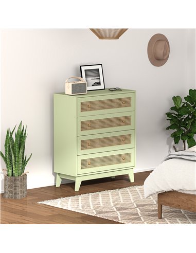 HOMCOM Chest of Drawers, 4-Drawer Storage Organiser Unit with Rattan Element for Bedroom, Living Room, Light Green
