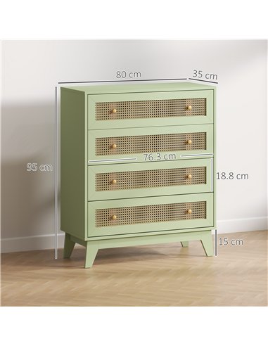 HOMCOM Chest of Drawers, 4-Drawer Storage Organiser Unit with Rattan Element for Bedroom, Living Room, Light Green
