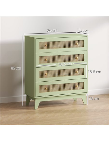 HOMCOM Chest of Drawers, 4-Drawer Storage Organiser Unit with Rattan Element for Bedroom, Living Room, Light Green - pic 161186 | FastDaddyshop