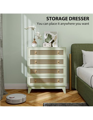 HOMCOM Chest of Drawers, 4-Drawer Storage Organiser Unit with Rattan Element for Bedroom, Living Room, Light Green