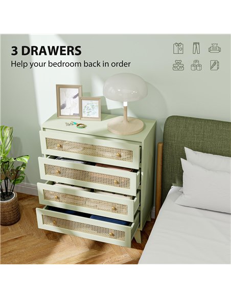 HOMCOM Chest of Drawers, 4-Drawer Storage Organiser Unit with Rattan Element for Bedroom, Living Room, Light Green - pic 161188 | FastDaddyshop