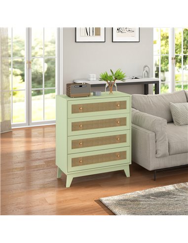 HOMCOM Chest of Drawers, 4-Drawer Storage Organiser Unit with Rattan Element for Bedroom, Living Room, Light Green