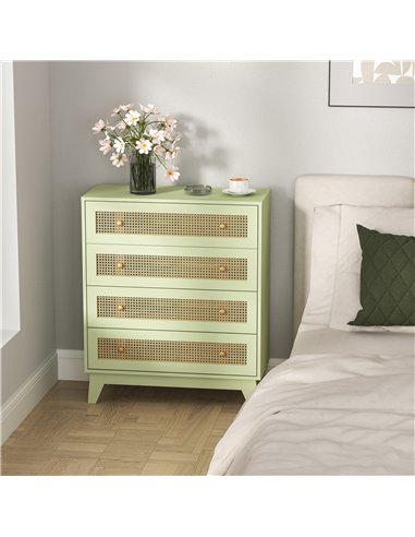 HOMCOM Chest of Drawers, 4-Drawer Storage Organiser Unit with Rattan Element for Bedroom, Living Room, Light Green