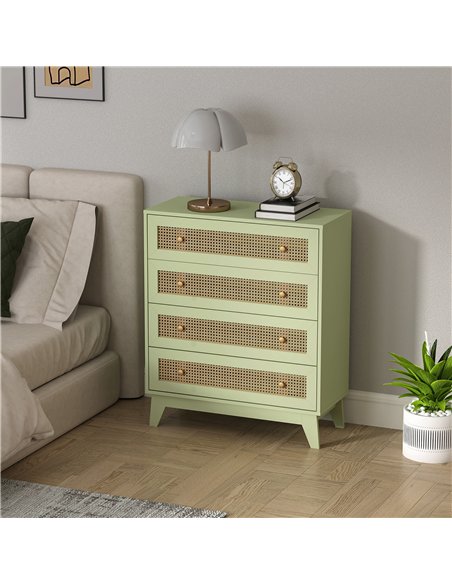 HOMCOM Chest of Drawers, 4-Drawer Storage Organiser Unit with Rattan Element for Bedroom, Living Room, Light Green - pic 161192 | FastDaddyshop