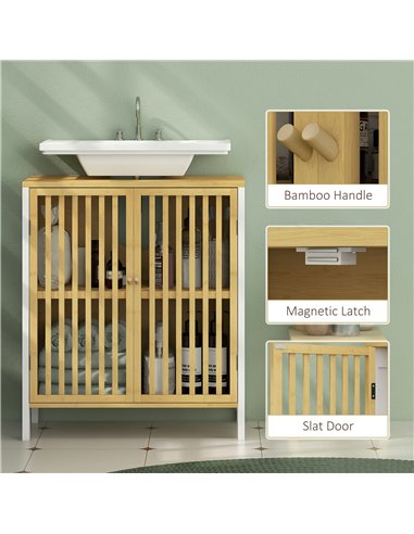 HOMCOM Bamboo-Blend Retro Cut-Out Under Sink Cabinet