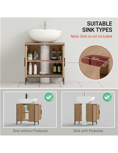 HOMCOM Bathroom Vanity Unit, Under Sink Storage Cabinet with 2 Doors, Adjustable Shelf for Basin without or with Pedestal, Oak
