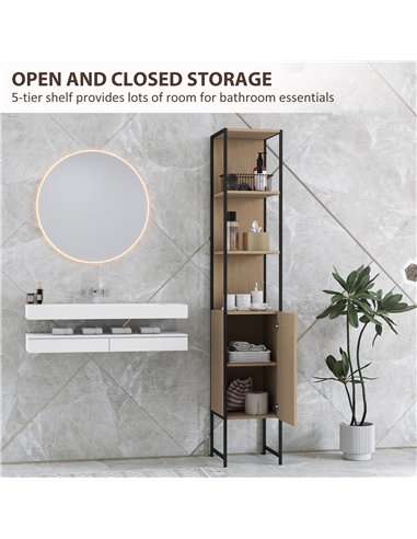 HOMCOM Tall Bathroom Cabinet with Open Shelves and Adjustable Shelf - Natural Wood Finish