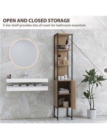 HOMCOM Tall Bathroom Cabinet with Open Shelves and Adjustable Shelf - Natural Wood Finish - pic 161250 | FastDaddyshop