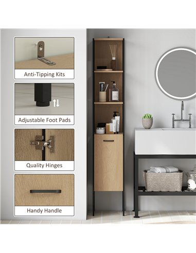 HOMCOM Tall Bathroom Cabinet with Open Shelves and Adjustable Shelf - Natural Wood Finish