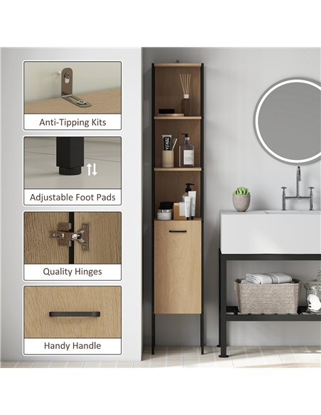 HOMCOM Tall Bathroom Cabinet with Open Shelves and Adjustable Shelf - Natural Wood Finish - pic 161252 | FastDaddyshop