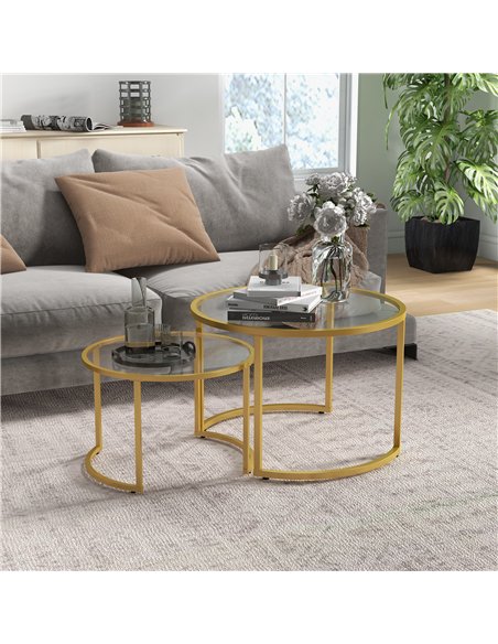 HOMCOM Coffee Table Set of 2, Modern Nest of Tables with Tempered Glass Top, Steel Frame for Living Room, Gold Tone - pic 161275 | FastDaddyshop