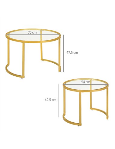 HOMCOM Coffee Table Set of 2, Modern Nest of Tables with Tempered Glass Top, Steel Frame for Living Room, Gold Tone