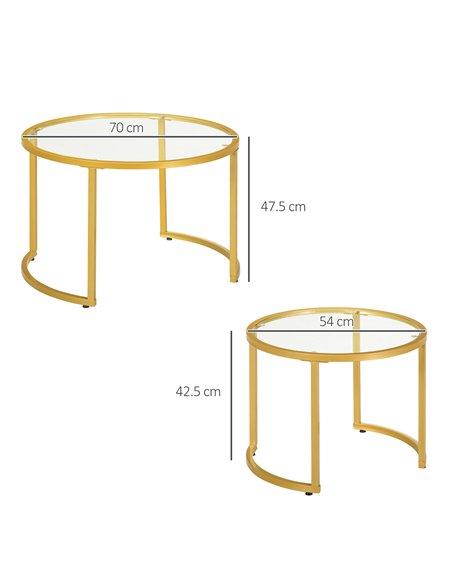 HOMCOM Coffee Table Set of 2, Modern Nest of Tables with Tempered Glass Top, Steel Frame for Living Room, Gold Tone - pic 161276 | FastDaddyshop
