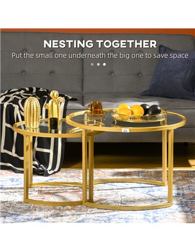HOMCOM Coffee Table Set of 2, Modern Nest of Tables with Tempered Glass Top, Steel Frame for Living Room, Gold Tone