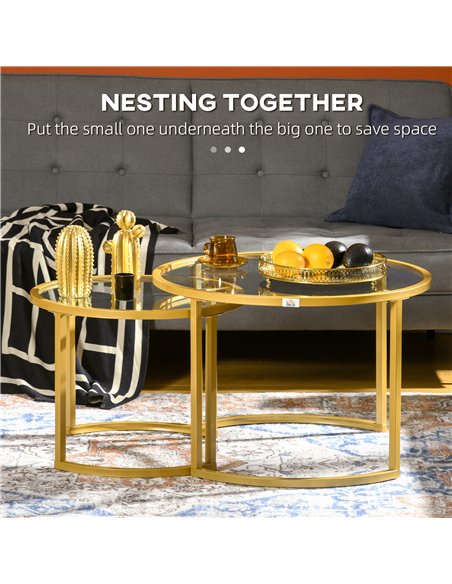 HOMCOM Coffee Table Set of 2, Modern Nest of Tables with Tempered Glass Top, Steel Frame for Living Room, Gold Tone - pic 161277 | FastDaddyshop