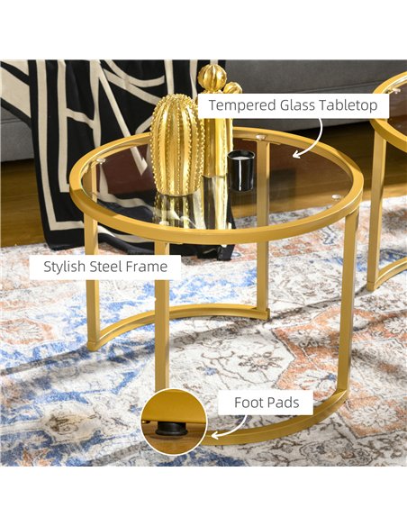 HOMCOM Coffee Table Set of 2, Modern Nest of Tables with Tempered Glass Top, Steel Frame for Living Room, Gold Tone - pic 161278 | FastDaddyshop