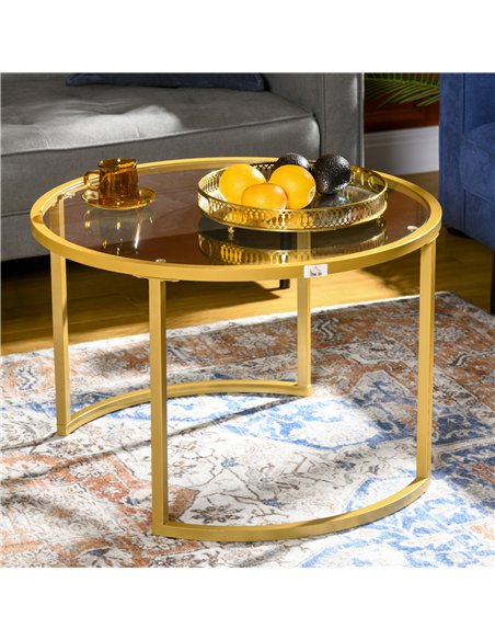 HOMCOM Coffee Table Set of 2, Modern Nest of Tables with Tempered Glass Top, Steel Frame for Living Room, Gold Tone - pic 161280 | FastDaddyshop
