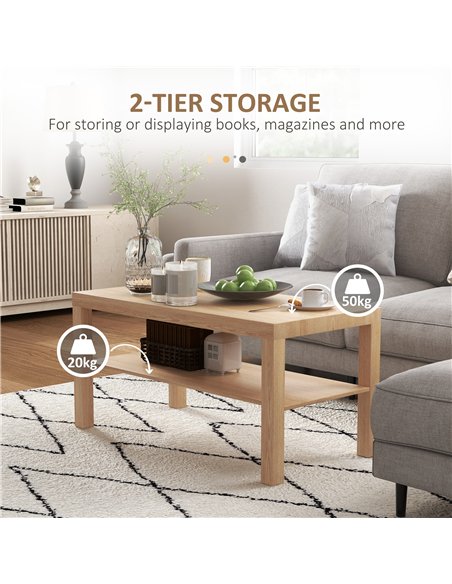 HOMCOM 2-Tier Coffee Table with Storage Shelf, Rectangular Centre Table for Living Room, Home Office, Natural Wood Finish - pic 161287 | FastDaddyshop