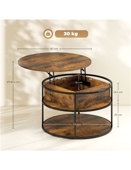 HOMCOM Lift Top Coffee Table, Round Coffee Table with Storage Shelf, Hidden Compartment and Steel Frame for Living Room, Home Of - pic 161294 | FastDaddyshop