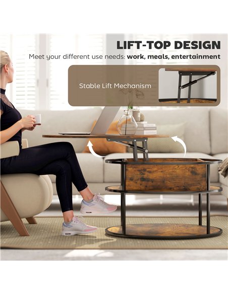 HOMCOM Lift Top Coffee Table, Round Coffee Table with Storage Shelf, Hidden Compartment and Steel Frame for Living Room, Home Of - pic 161295 | FastDaddyshop