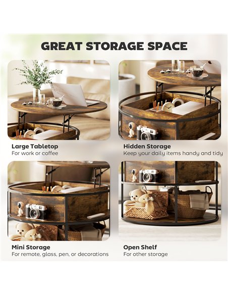 HOMCOM Lift Top Coffee Table, Round Coffee Table with Storage Shelf, Hidden Compartment and Steel Frame for Living Room, Home Of - pic 161296 | FastDaddyshop