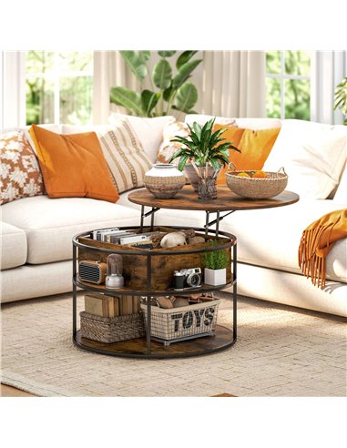 HOMCOM Lift Top Coffee Table, Round Coffee Table with Storage Shelf, Hidden Compartment and Steel Frame for Living Room, Home Of