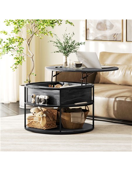 HOMCOM Lift Top Coffee Table, Round Coffee Table with Storage Shelf, Hidden Compartment and Steel Frame for Living Room, Home Of - pic 161302 | FastDaddyshop