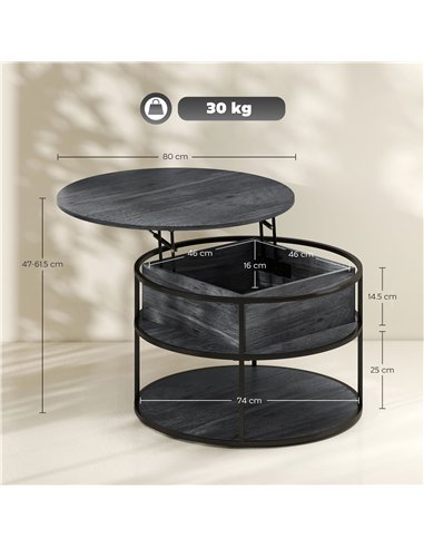 HOMCOM Lift Top Coffee Table, Round Coffee Table with Storage Shelf, Hidden Compartment and Steel Frame for Living Room, Home Of