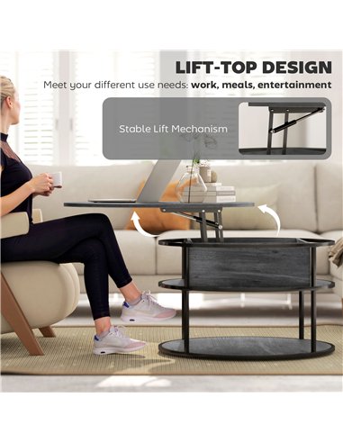 HOMCOM Lift Top Coffee Table, Round Coffee Table with Storage Shelf, Hidden Compartment and Steel Frame for Living Room, Home Of